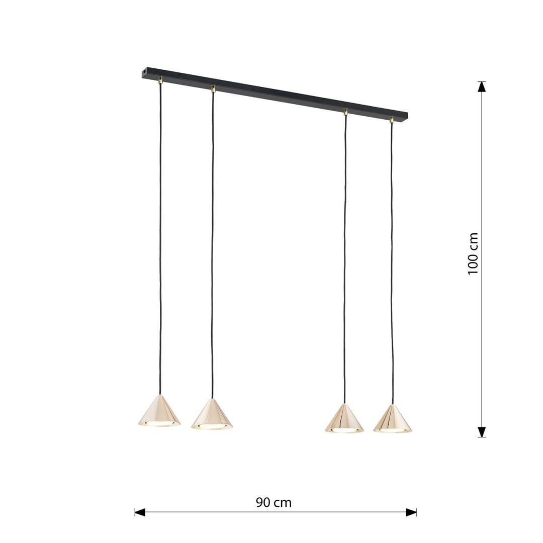 Lampa wisząca Elit 4xGX53 w kolorze czarnym i złotym. Składa się z prostokątnej podstawy o długości 90 cm i trzech stożkowatych kloszy zawieszonych na czarnych przewodach, każdy o wysokości 100 cm.
