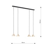Lampa wisząca Elit 4xGX53 w kolorze czarnym i złotym. Składa się z prostokątnej podstawy o długości 90 cm i trzech stożkowatych kloszy zawieszonych na czarnych przewodach, każdy o wysokości 100 cm.