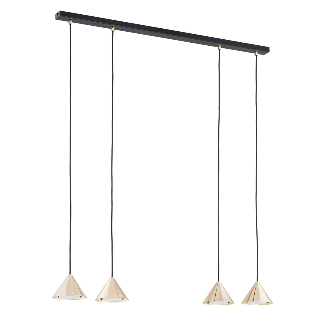 Lampa wisząca Elit 4xGX53 w kolorze czarnym i złotym, z czterema stożkowymi kloszami na długich, czarnych przewodach. Umożliwia regulację wysokości. Montowana na prostokątnej listwie z czarnego metalu. Idealna do nowoczesnych wnętrz.