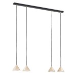 Lampa wisząca Elit 4xGX53 w kolorze czarnym i złotym, z czterema stożkowymi kloszami na długich, czarnych przewodach. Umożliwia regulację wysokości. Montowana na prostokątnej listwie z czarnego metalu. Idealna do nowoczesnych wnętrz.