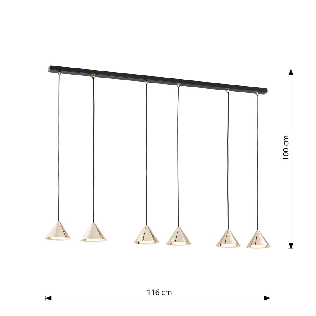 Lampa wisząca Elit 6xGX53 w kolorze czarnym i złotym, składająca się z sześciu stożkowych kloszy. Produkt zawieszony na prostokątnej, czarnej listwie, z kablami w kolorze czarnym. Wymiary: długość 116 cm, wysokość 100 cm.