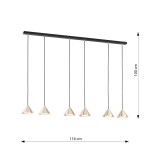 Lampa wisząca Elit 6xGX53 w kolorze czarnym i złotym, składająca się z sześciu stożkowych kloszy. Produkt zawieszony na prostokątnej, czarnej listwie, z kablami w kolorze czarnym. Wymiary: długość 116 cm, wysokość 100 cm.
