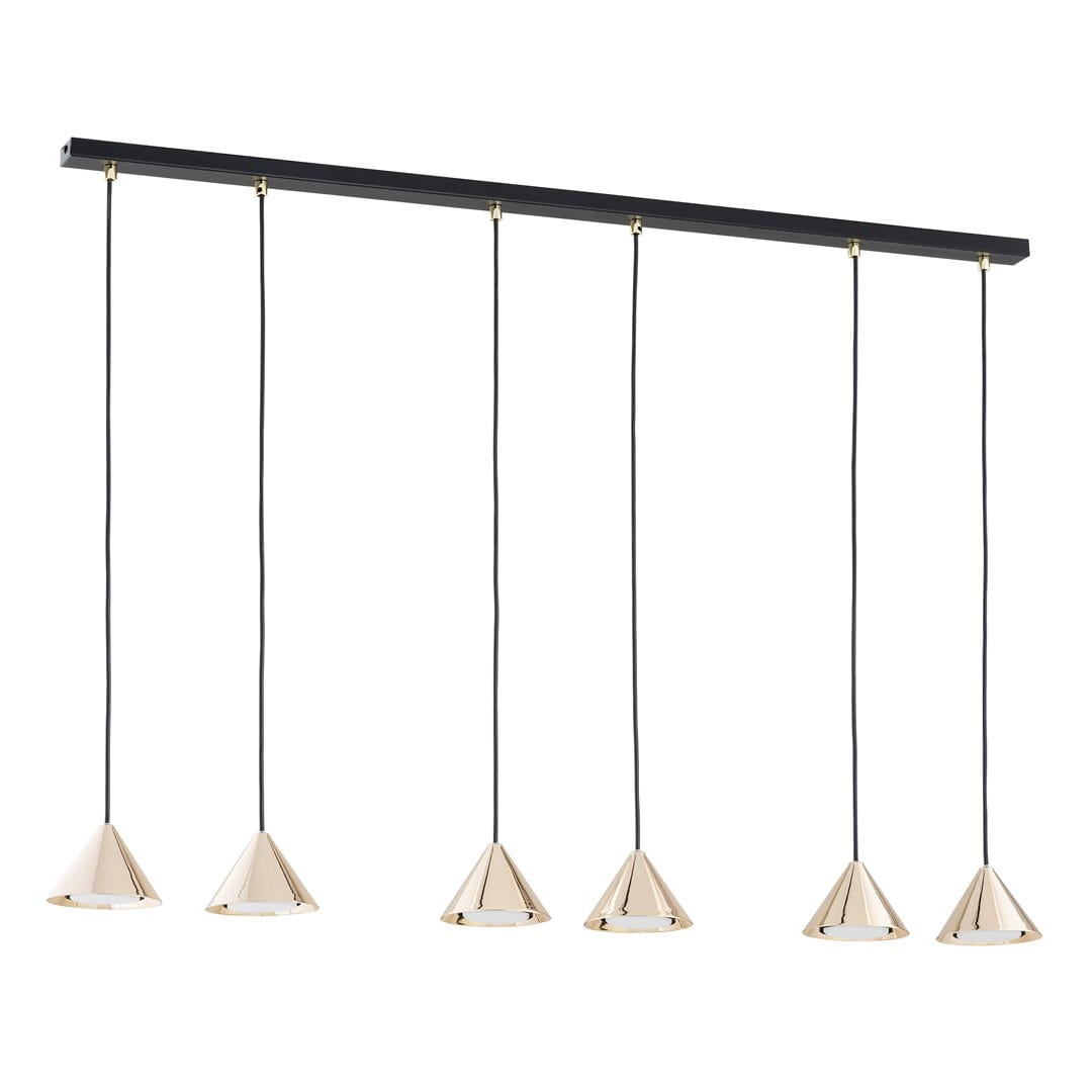 Lampa wisząca Elit 6xGX53 w kolorze czarnym i złotym, z sześcioma stożkowymi kloszami zawieszonymi na czarnych kablach. Konstrukcja na prostokątnej podstawie z metalowymi detalami. Idealna do nowoczesnych wnętrz.