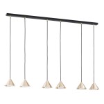 Lampa wisząca Elit 6xGX53 w kolorze czarnym i złotym, z sześcioma stożkowymi kloszami zawieszonymi na czarnych kablach. Konstrukcja na prostokątnej podstawie z metalowymi detalami. Idealna do nowoczesnych wnętrz.