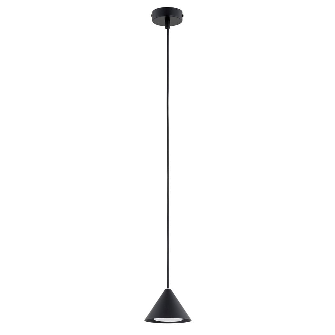 Lampa wisząca Elit 1xGX53 w kolorze czarnym, o kształcie stożkowym. Zawieszona na cienkim kablu, z metalowym mocowaniem sufitowym. Wnętrze klosza białe, co zapewnia równomierne rozproszenie światła. Idealna do nowoczesnych wnętrz.