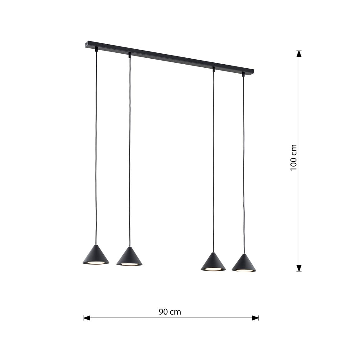 Lampa wisząca Elit 4xGX53 w kolorze czarnym, złożona z czterech stożkowatych kloszy zawieszonych na długich przewodach. Wymiary: długość 90 cm, wysokość 100 cm. Prosty, nowoczesny design, idealna do wnętrz.