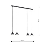 Lampa wisząca Elit 4xGX53 w kolorze czarnym, złożona z czterech stożkowatych kloszy zawieszonych na długich przewodach. Wymiary: długość 90 cm, wysokość 100 cm. Prosty, nowoczesny design, idealna do wnętrz.