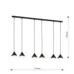 Lampa wisząca Elit z sześcioma kloszami w kształcie stożka, czarna, zawieszona na prostokątnej belce. Wymiary: 116 cm długości, 100 cm wysokości. Kable w kolorze czarnym, styl industrialny. Idealna do nowoczesnych wnętrz.