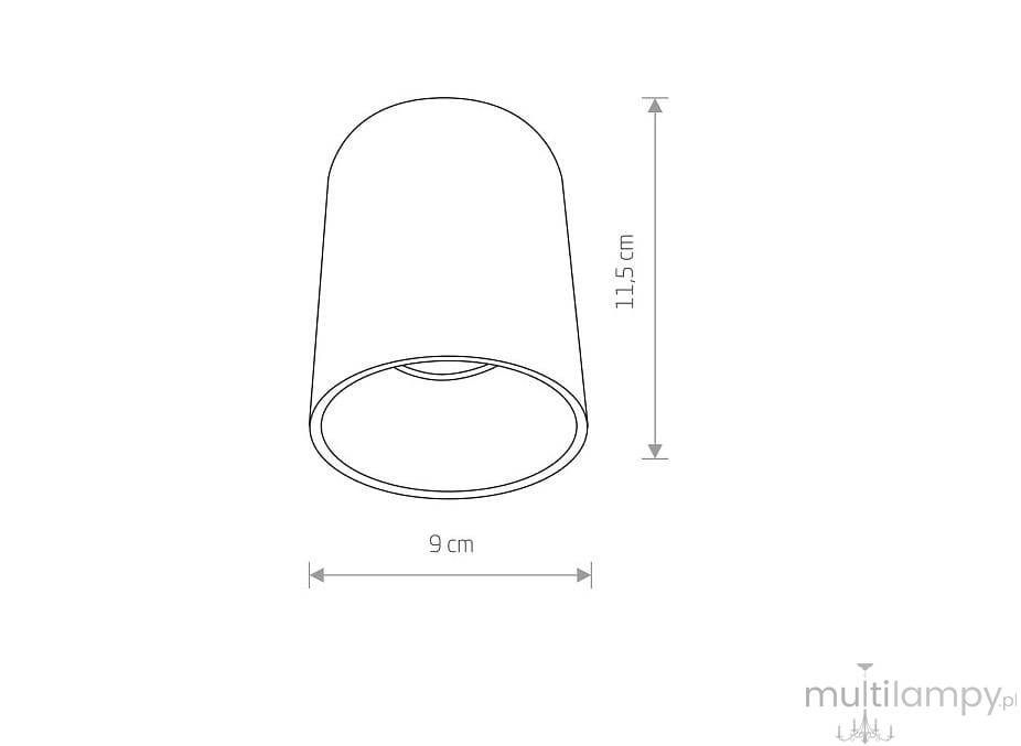 Lampa sufitowa Eye Tone 1-punktowa w kolorze czarnym i złotym, o wymiarach 11,5 cm wysokości i 9 cm średnicy. Prosty, cylindryczny kształt, z widocznym miejscem na źródło światła wewnątrz. Idealna do nowoczesnych wnętrz.