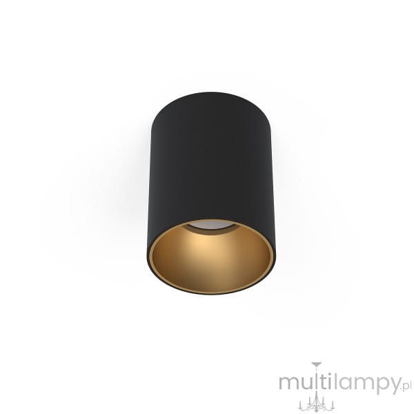 Lampa sufitowa Eye Tone 1-punktowa w kolorze czarnym z złotym wnętrzem. Ma cylindryczny kształt, zamontowana na suficie, z widocznym źródłem światła. Tło jest proste, co podkreśla elegancki design lampy.