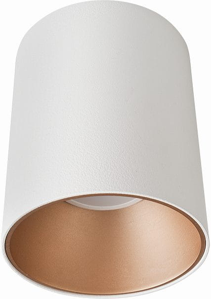 Lampa sufitowa Eye Tone 1-punktowa w kolorze białym z wewnętrzną złotą częścią. Okrągły klosz o matowej fakturze, montowany sufitowo, w widoku z góry, eksponujący połączenie kolorów.
