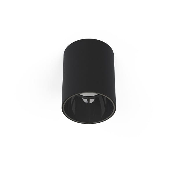Lampa sufitowa Eye Tone 1-punktowa w kolorze czarnym. Okrągły kształt z matowym wykończeniem, montowana na suficie. Widoczny klosz z otworem, przez który przechodzi światło. Produkt na jednolitym tle.