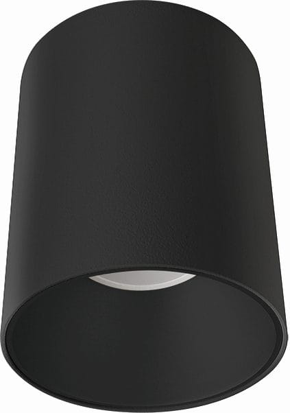 Czarna lampa sufitowa Eye Tone 1-punktowa, o cylindrycznym kształcie, z matową powierzchnią. Widoczna oprawa w środku, zamontowana w pozycji wiszącej. Zbliżenie na detale struktury materiału.