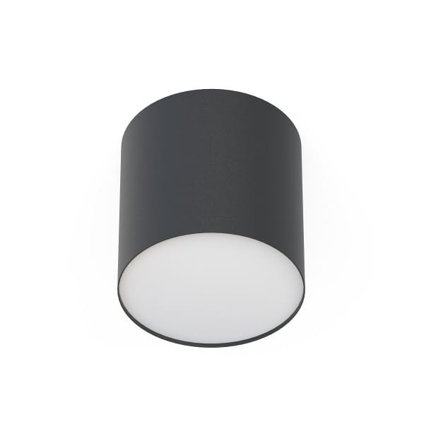 Czarna lampa sufitowa Point Plexi M, 1-punktowa, o cylindrycznym kształcie. Górna część wykonana z matowego materiału, dolna część z białego, mlecznego szkła, zapewniająca delikatne rozproszenie światła. Ujęcie frontalne, produkt zamontowany na suficie.