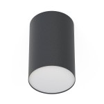 Czarna lampa sufitowa Point Plexi L w kształcie cylindrycznym, z matowym wykończeniem. Dolna część z mlecznego szkła, emitująca światło w dół. Ujęcie frontalne, lampa zamontowana na suficie, bez dodatkowych dekoracji.