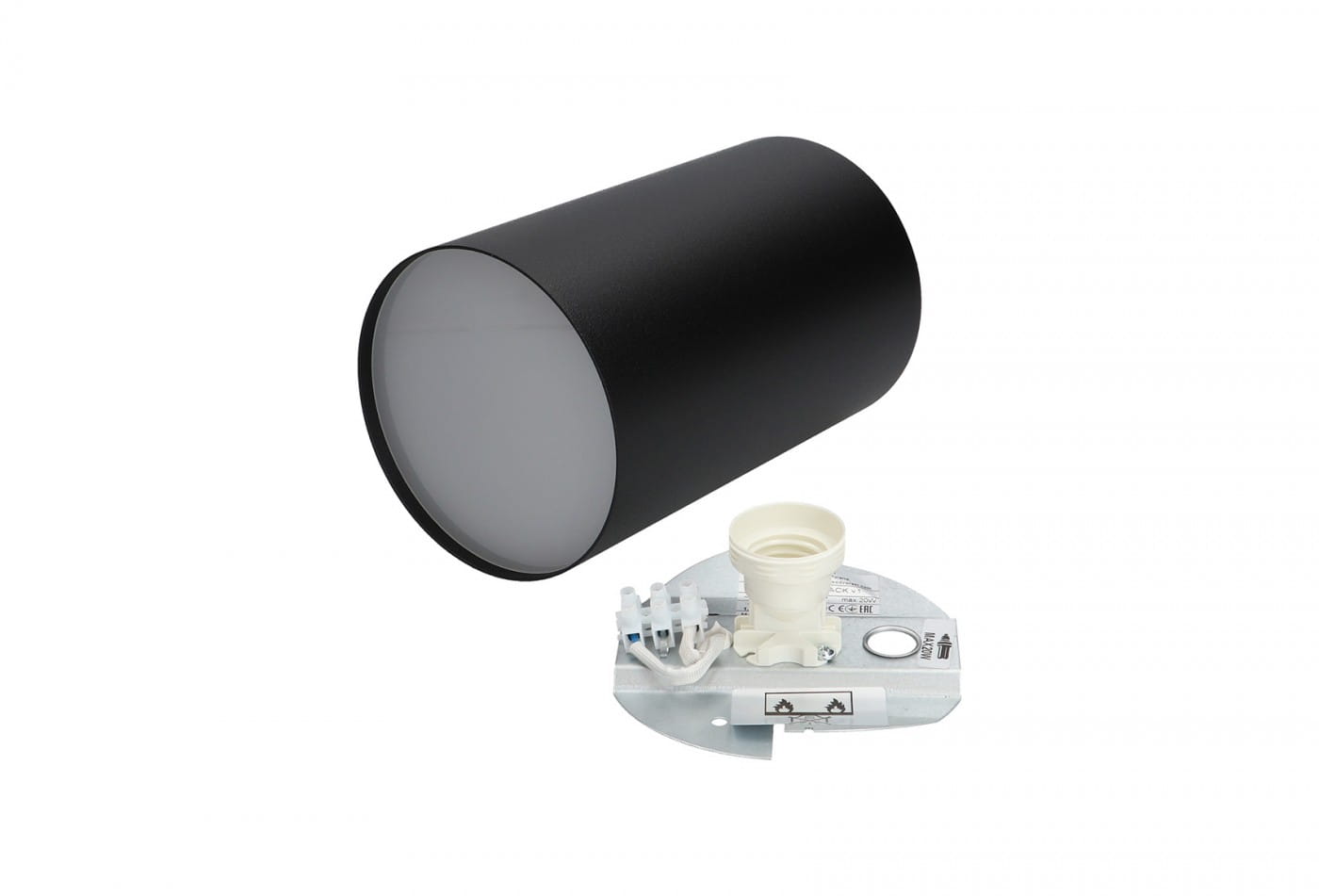 Czarna lampa sufitowa Point Plexi L z cylindryczną obudową i białym kloszem. Widoczna oprawa z gniazdem, umieszczona na okrągłej podstawie. Produkt leży na białym tle, ukazując detale konstrukcji i materiału. Idealna do oświetlenia wnętrz.