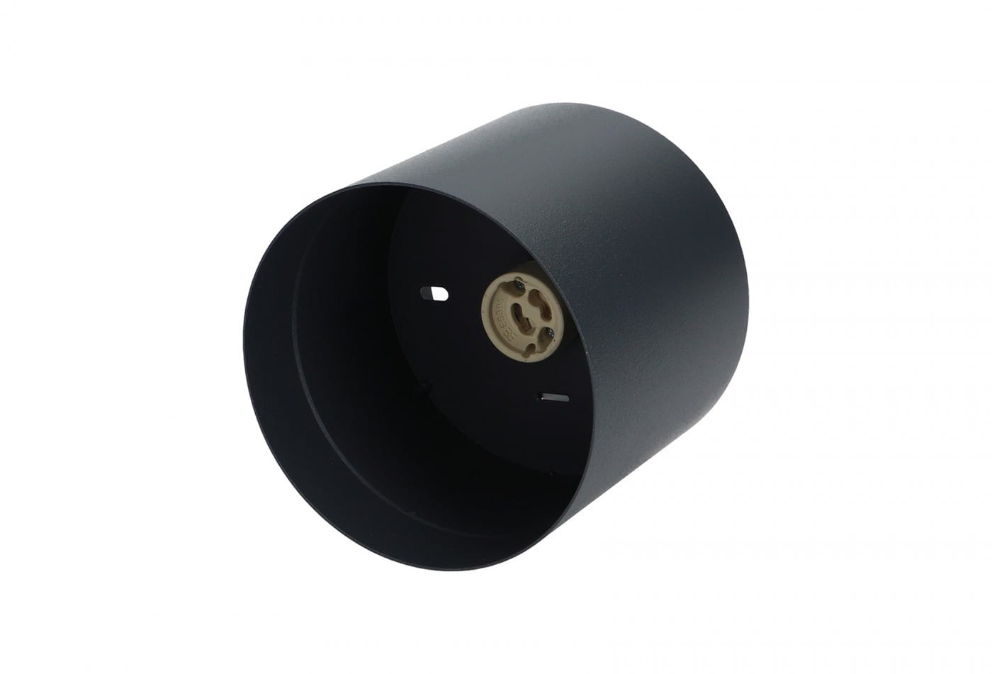 Lampa sufitowa 1-punktowa Bit S w kolorze grafitowym. Okrągła obudowa z matowego metalu, widoczny gwint na żarówkę w jasnym kolorze. Ujęcie z boku, ukazujące wnętrze lampy oraz detale montażowe.