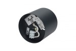 Lampa sufitowa Bit S w kolorze grafitowym, 1-punktowa, widok od dołu. Okrągła obudowa z widocznymi przewodami oraz etykietą z instrukcjami. Brak źródła światła. Idealna do montażu na suficie.