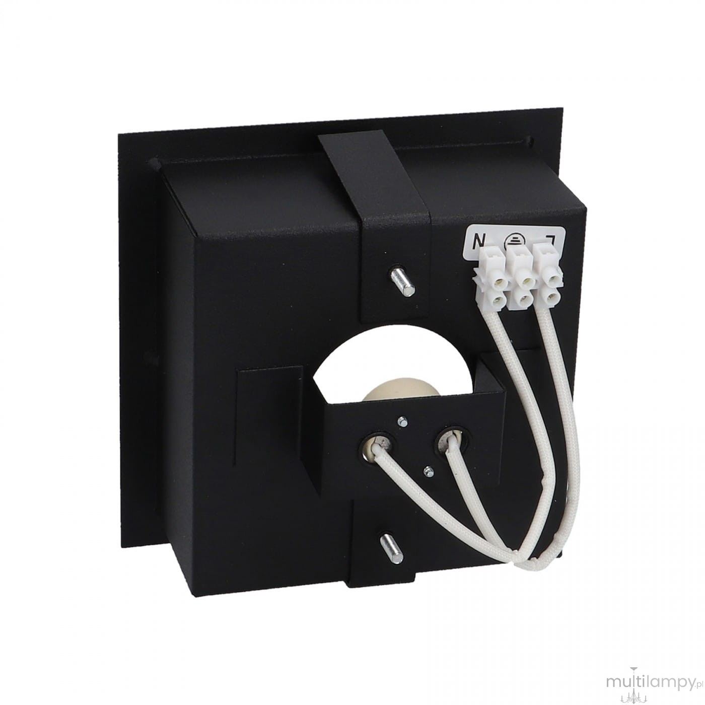 Czarna lampa sufitowa 1-punktowa Mod 9417, widok z tyłu. Posiada prostokątną, matową obudowę z otworem na żarówkę oraz widoczne kable elektryczne. Umożliwia montaż w sufitach.