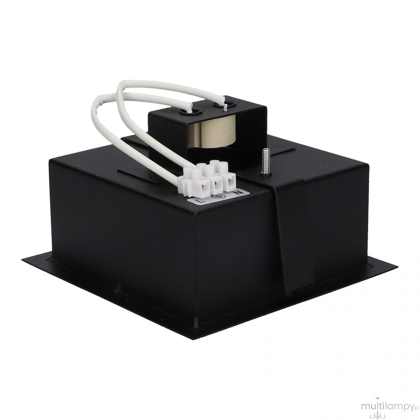 Czarna lampa sufitowa 1-punktowa Mod 9417, z prostokątnym korpusem, widocznymi przewodami elektrycznymi oraz złączami. Ujęcie z boku, ukazujące detale konstrukcji i mocowania. Idealna do nowoczesnych aranżacji wnętrz.