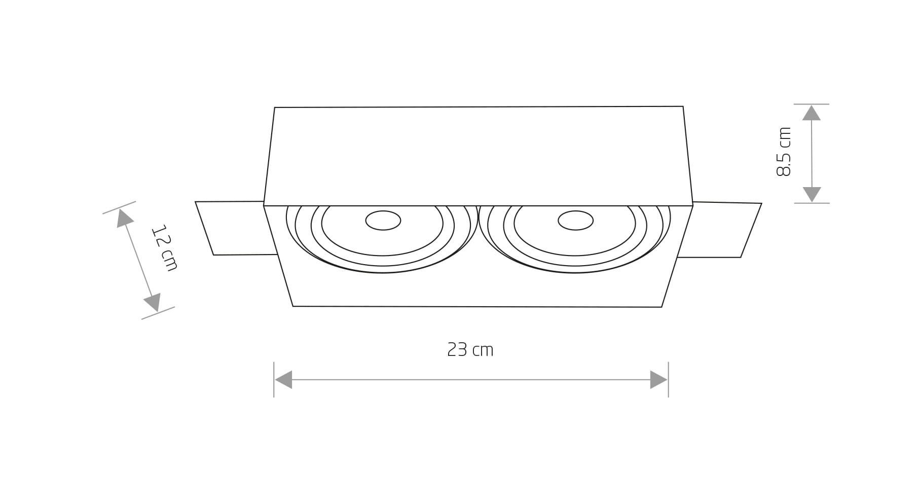 Lampa Mod Plus 2-punktowa do zabudowy, kolor biały. Wymiary: długość 23 cm, wysokość 8,5 cm, głębokość 12 cm. Zestawienie dwóch okrągłych źródeł światła w nowoczesnej obudowie, idealna do oświetlenia wnętrz.