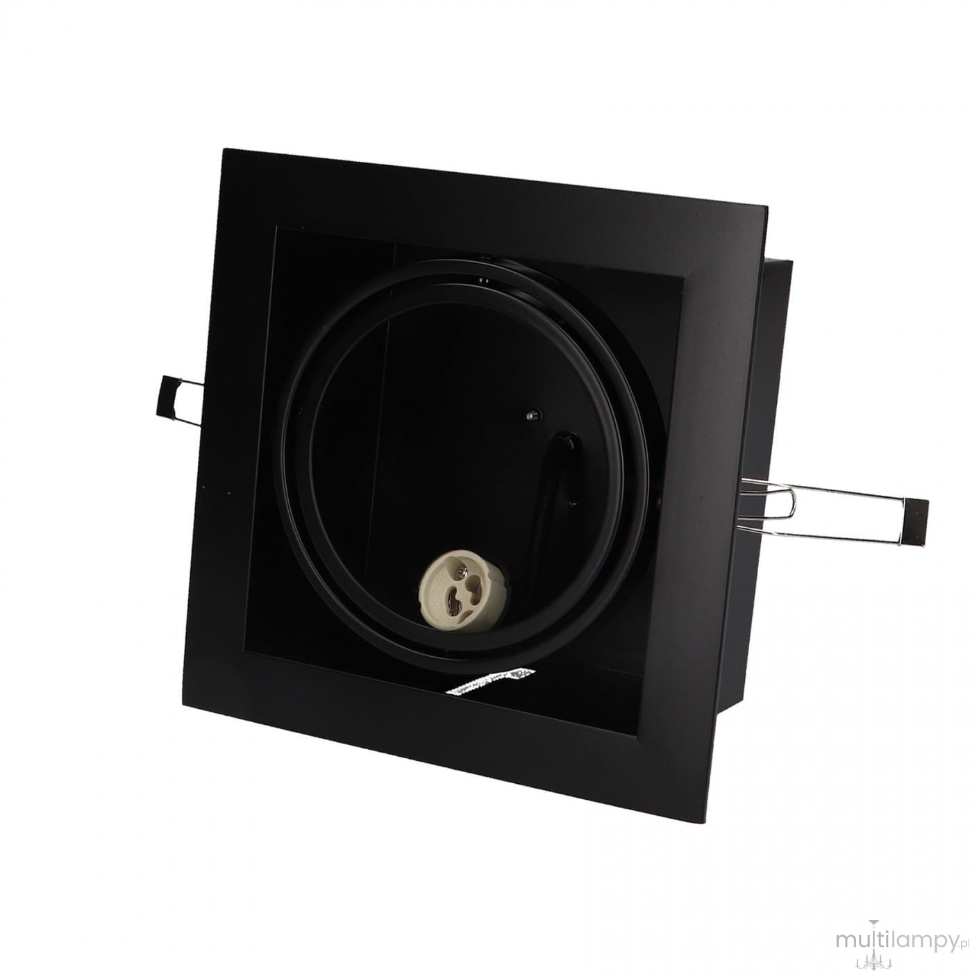 Czarna lampa sufitowa 1-punktowa Downlight ES111 z kwadratową obudową. Widoczny gniazdo na żarówkę, wewnętrzny okrągły element oraz metalowe mocowania. Lampa w pozycji otwartej, ukazująca wnętrze i detale konstrukcji.