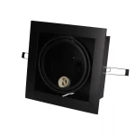 Czarna lampa sufitowa 1-punktowa Downlight ES111 z kwadratową obudową. Widoczny gniazdo na żarówkę, wewnętrzny okrągły element oraz metalowe mocowania. Lampa w pozycji otwartej, ukazująca wnętrze i detale konstrukcji.