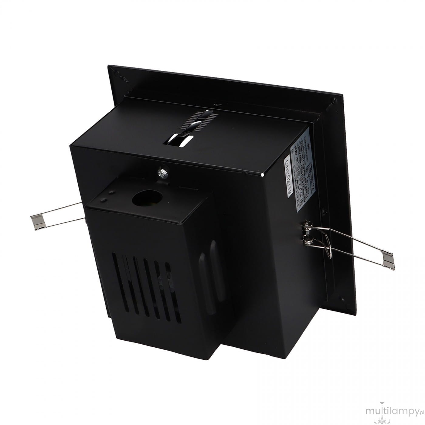 Jednopunktowa lampa sufitowa Downlight ES111 w kolorze czarnym. Widoczna tylna strona z otworem montażowym i metalowymi zaczepami. Obudowa z matowego materiału, z wycięciami wentylacyjnymi. Kąt ujęcia z boku, pokazujący detale konstrukcji.