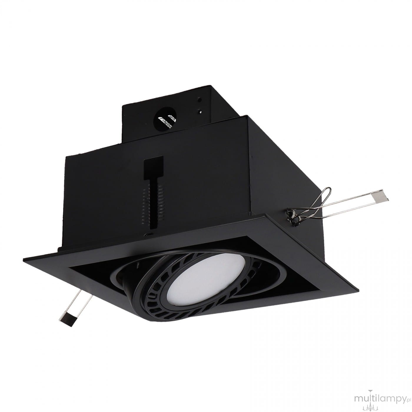 Czarna lampa sufitowa Downlight ES111, 1-punktowa, z okrągłym kloszem i metalową obudową. Ujęcie z boku, pokazujące mocowanie i źródło światła. Idealna do montażu w sufitach podwieszanych.