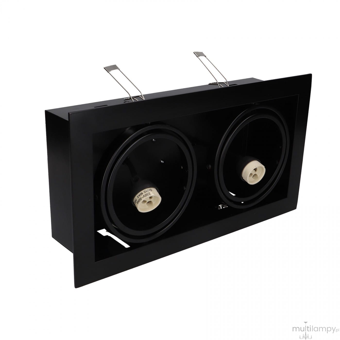 Czarna lampa sufitowa Downlight ES111, 2-punktowa, z prostokątną obudową. Widoczne dwa okrągłe gniazda na żarówki z białymi kołnierzami. Ujęcie z boku, z zamontowanymi sprężynami do montażu. Prosty, nowoczesny design.