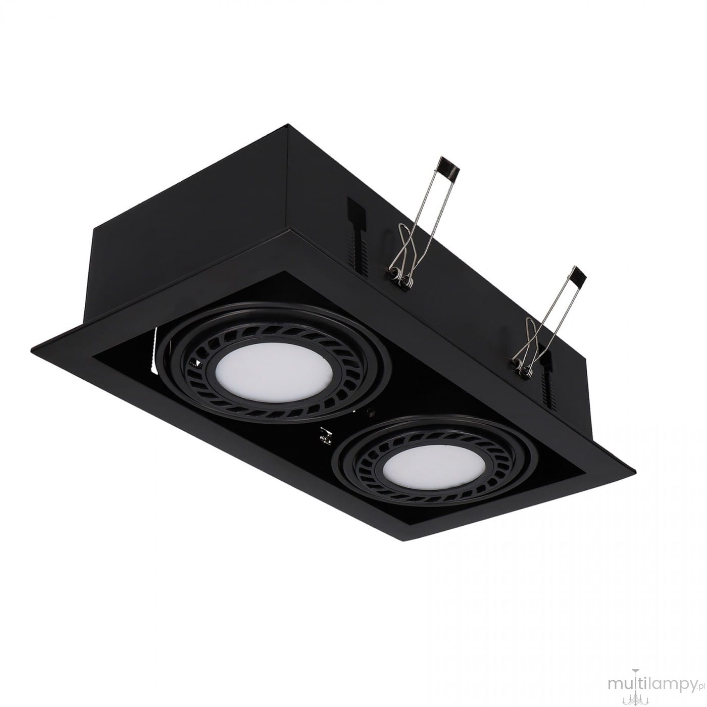 Czarna lampa sufitowa Downlight ES111 z dwoma punktami świetlnymi. Ujęcie z dołu, pokazujące okrągłe klosze z białym wykończeniem i czarnymi obrzeżami. Produkt zamontowany w sufitowej ramie, z widocznymi mocowaniami.
