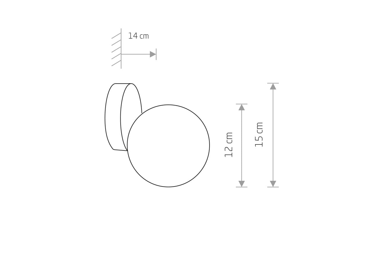 Kinkiet Ice Ball w kolorze mosiądzu, z okrągłą głowicą o średnicy 12 cm i wysokości 15 cm, umieszczony na prostokątnej podstawie. Widok z boku. Wysokość od ściany wynosi 14 cm.