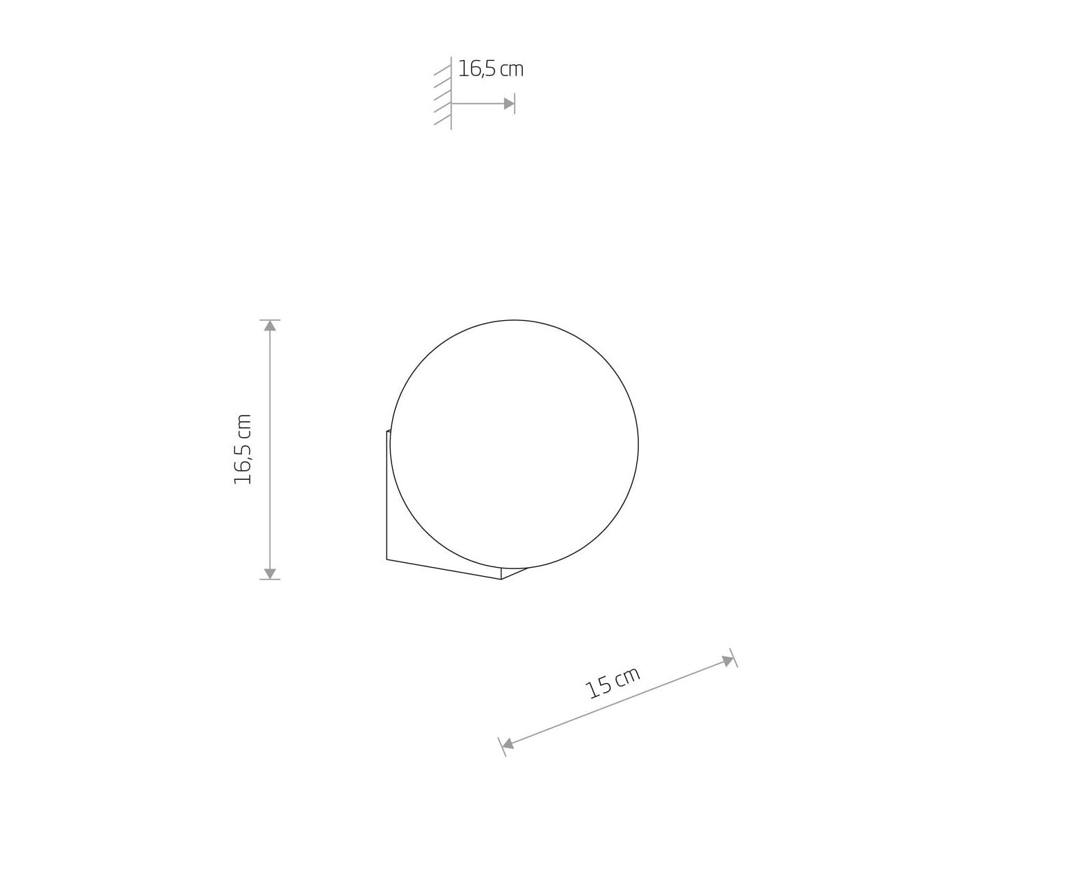 Kinkiet Aloe o mosiężnej obudowie, z okrągłym kloszem o średnicy 15 cm i wysokości 16,5 cm. Produkt jest przeznaczony do montażu, z klasą ochrony IP44, odpowiedni do użytku zewnętrznego. Widok z góry.