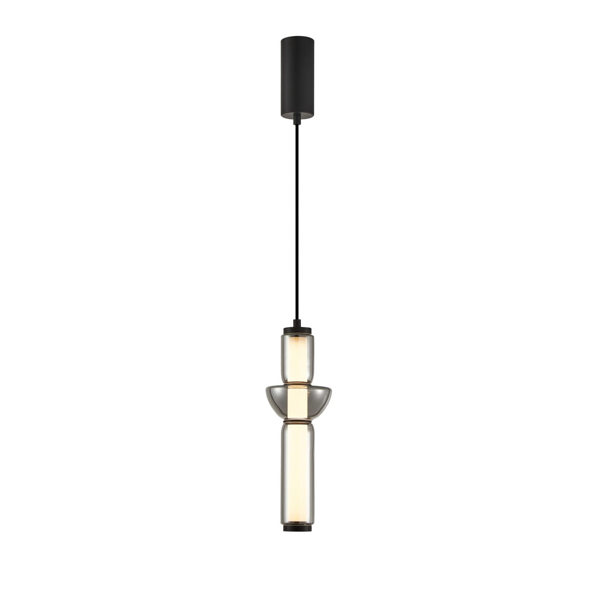 Lampa wisząca Bruni w kolorze czarnym, z jednym źródłem LED o mocy 19W. Kształt cylindryczny z przezroczystym kloszem i dekoracyjnymi detalami. Zawieszona na cienkim czarnym przewodzie, z okrągłym mocowaniem sufitowym.