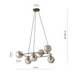 Lampa wisząca Azura z sześcioma oprawami E14 w kolorze czarnym i grafitowym. Okrągła konstrukcja z przezroczystymi kloszami o średnicy 14 cm, zawieszona na linkach w zakresie 40-100 cm. Całkowita średnica 75 cm.