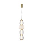 Lampa wisząca Eris z jedną żarówką LED 32W w odcieniu złotym. Składa się z trzech szklanych kloszy: przezroczystego, matowego i wzorzystego, zawieszona na cienkim przewodzie w złotej oprawie. Idealna do nowoczesnych wnętrz.