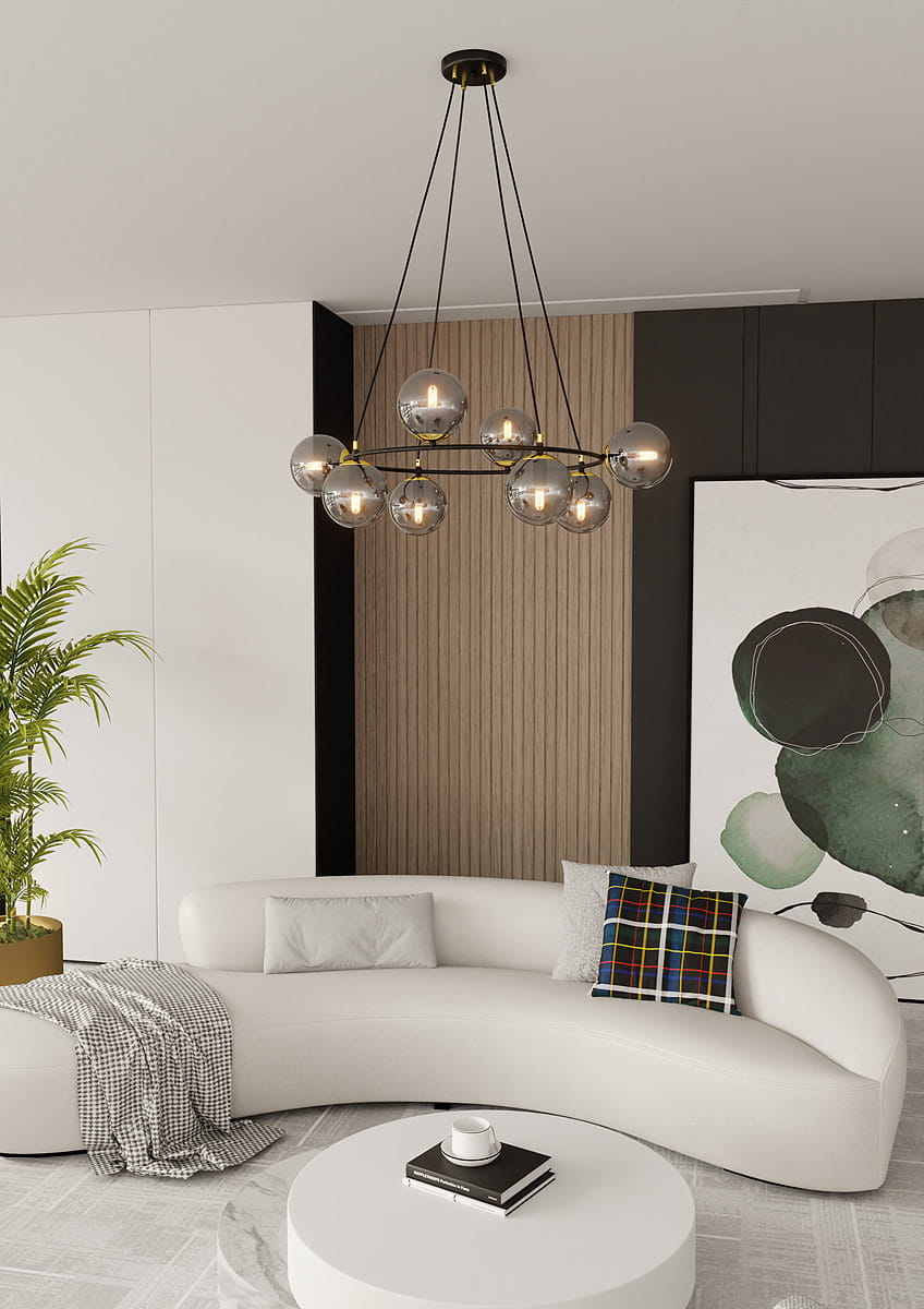 Lampa wisząca Azura z ośmioma oprawami E14 w kolorze czarnym i grafitowym. Ma okrągłe, szklane klosze w przyciemnionym kolorze. Zawieszona na cienkich linkach, umiejscowiona w nowoczesnym wnętrzu z jasną sofą i abstrakcyjnym obrazem w tle.