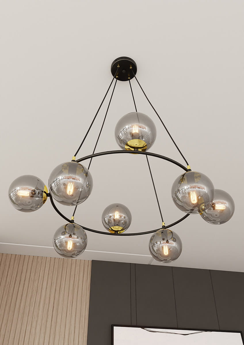 Lampa wisząca Azura z ośmioma oprawkami E14, w kolorze czarnym i grafitowym. Okrągła konstrukcja z metalowymi, szklanymi kloszami w kształcie kul. Zawieszona na cienkich linkach, z widocznymi żarówkami, z elementami w kolorze złotym.