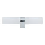 Kinkiet Natalie 2xG9/IP44 w kolorze chromowanym. Dwa cylindryczne klosze z matowego szkła, złączone chromowanym elementem. Ujęcie frontalne, kinkiet zamontowany na ścianie, idealny do łazienek i przestrzeni wilgotnych.