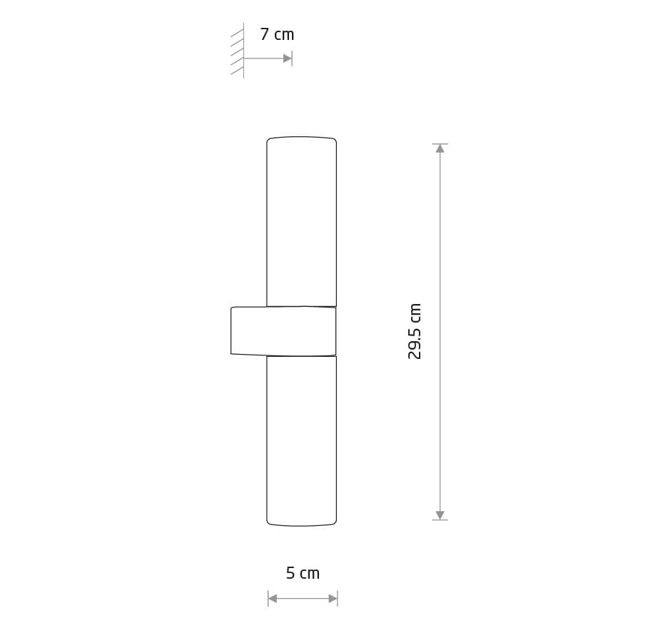 Kinkiet Natalie w kolorze mosiądzu, o wymiarach 29,5 cm wysokości, 5 cm szerokości i 7 cm głębokości. Prosty, cylindryczny design, idealny do oświetlenia wnętrz. Przeznaczony do montażu w strefie IP44.