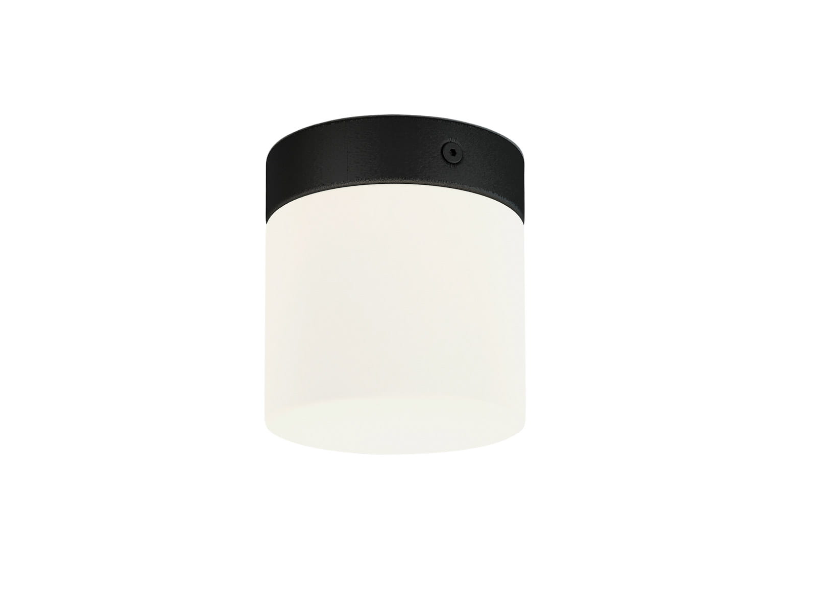 Cayo lampa sufitowa 1-punktowa w kolorze czarnym z białym, okrągłym kloszem. Zamontowana na suficie, z widocznym przyciskiem w górnej części. Prosta, minimalistyczna forma, idealna do nowoczesnych wnętrz.