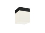 Czarna lampa sufitowa Sis IP44 o kwadratowym kształcie, z białym kloszem z matowego materiału. Ujęcie frontalne, produkt zamontowany na suficie, widoczna centralna śrubka mocująca. Idealna do użytku w pomieszczeniach o podwyższonej wilgotności.