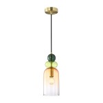 Lampa wisząca Manso 1xE14 w kolorze złotym, z przezroczystym kloszem i dekoracyjnymi, kolorowymi kulkami (zielona, niebieska, pomarańczowa). Zawieszona na czarnym przewodzie, montowana do sufitu. Wysoka, elegancka forma.