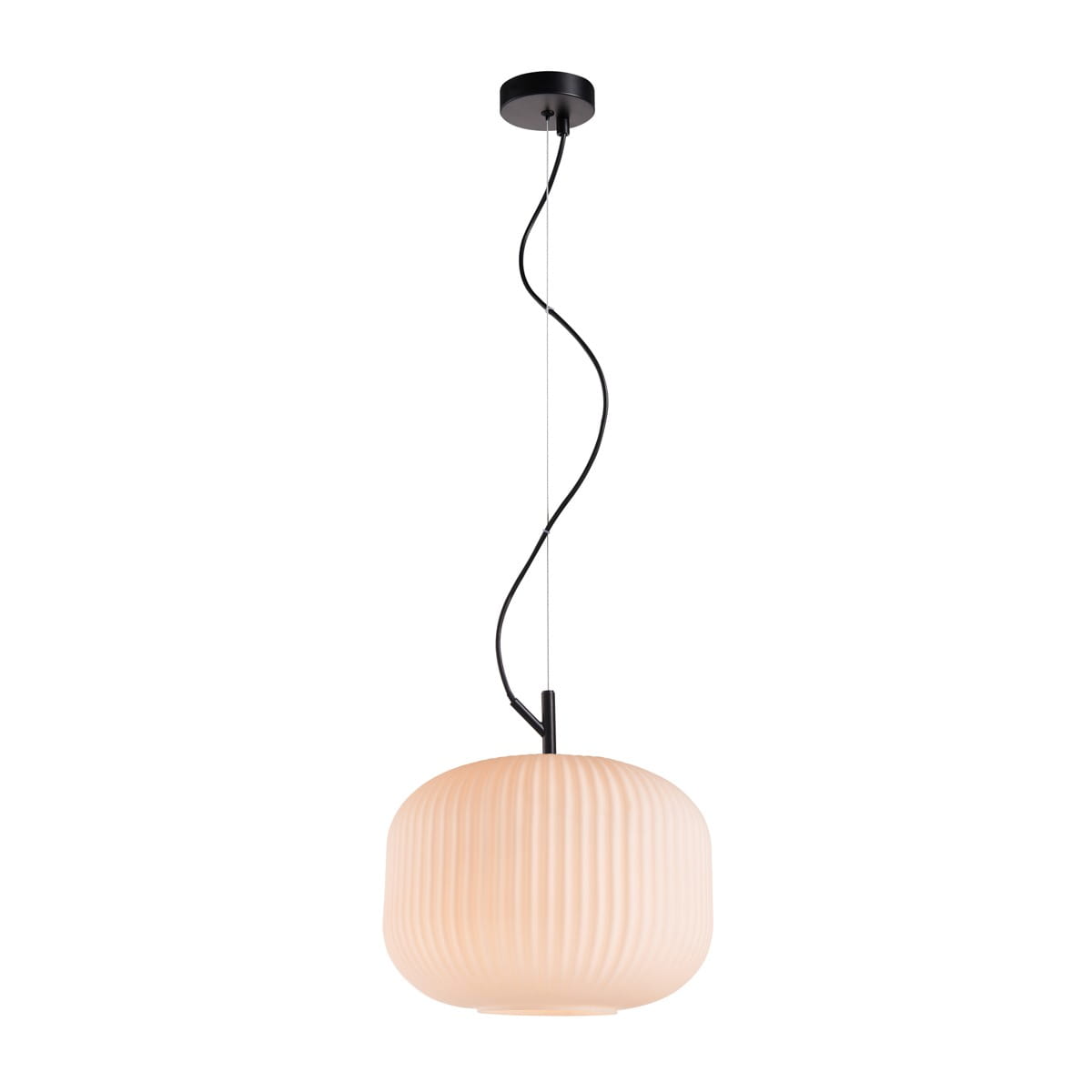 Lampa wisząca Rues D30 z kloszem w odcieniu jasnego różu, wykonana z teksturowanego szkła, zawieszona na czarnym przewodzie. Kształt okrągły, z widocznym mocowaniem sufitowym w kolorze czarnym. Przeznaczona na żarówkę E27.