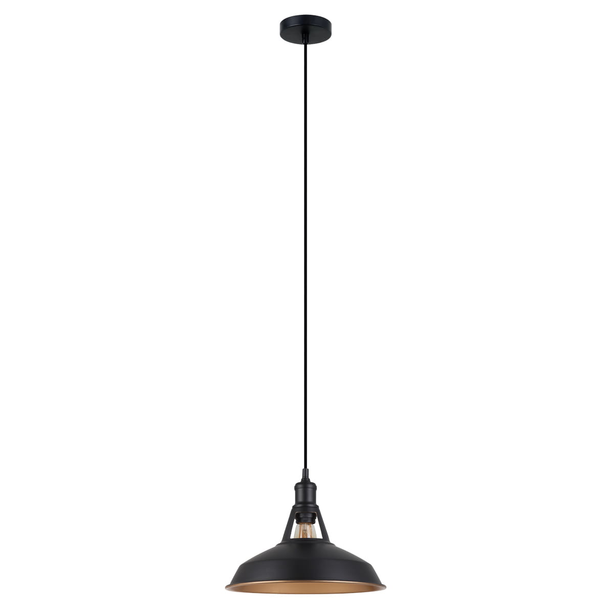 Czarna lampa wisząca Freya MDM-2315/1 z metalowym kloszem o matowej fakturze i złotym wnętrzem. Zawieszona na długim przewodzie, z okrągłym mocowaniem sufitowym, w stylu industrialnym. Idealna do nowoczesnych wnętrz.