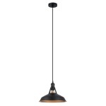 Czarna lampa wisząca Freya MDM-2315/1 z metalowym kloszem o matowej fakturze i złotym wnętrzem. Zawieszona na długim przewodzie, z okrągłym mocowaniem sufitowym, w stylu industrialnym. Idealna do nowoczesnych wnętrz.