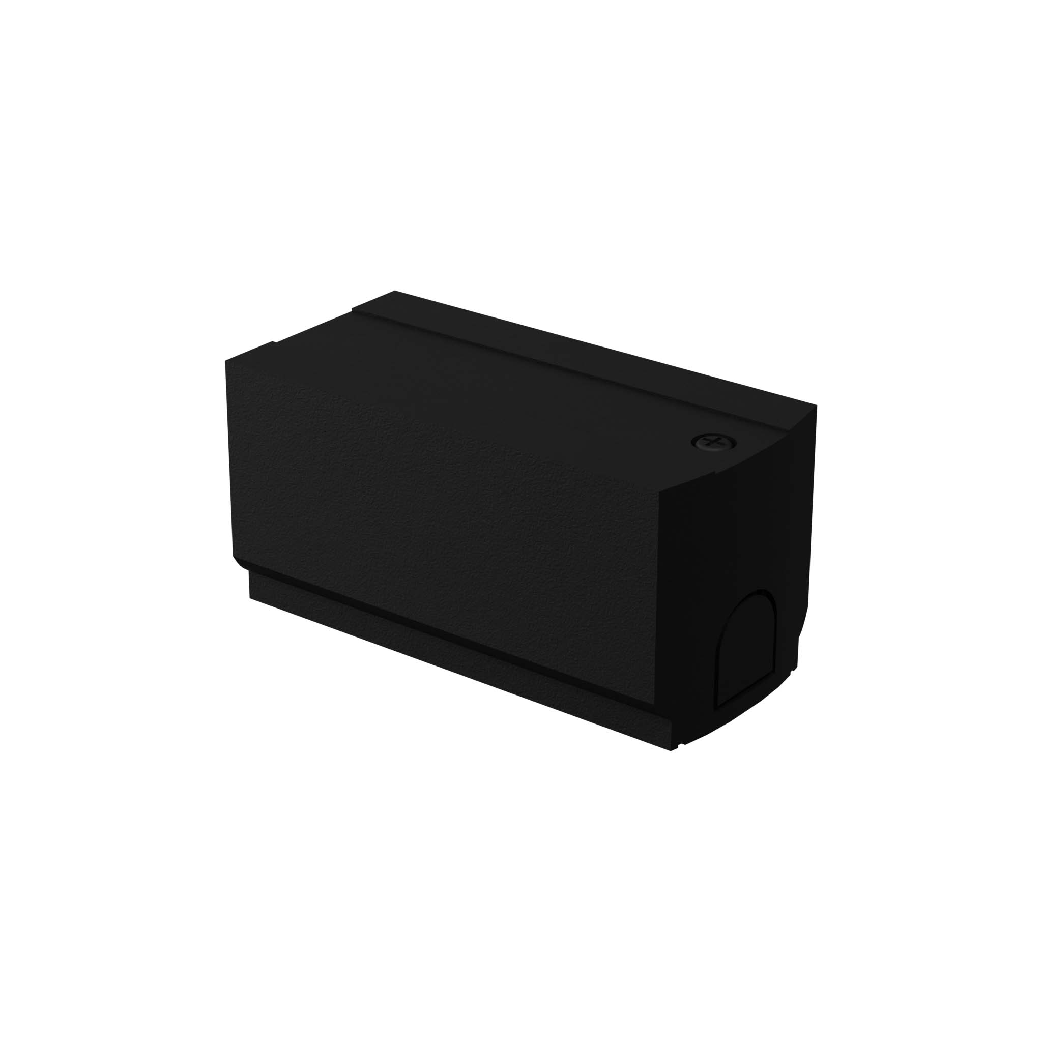 Złącze zasilające startowe do szyny 3F w kolorze czarnym, o prostokątnym kształcie z delikatną fakturą. Produkt widoczny z boku, zamontowany na szynie, z widocznym otworem do podłączenia.