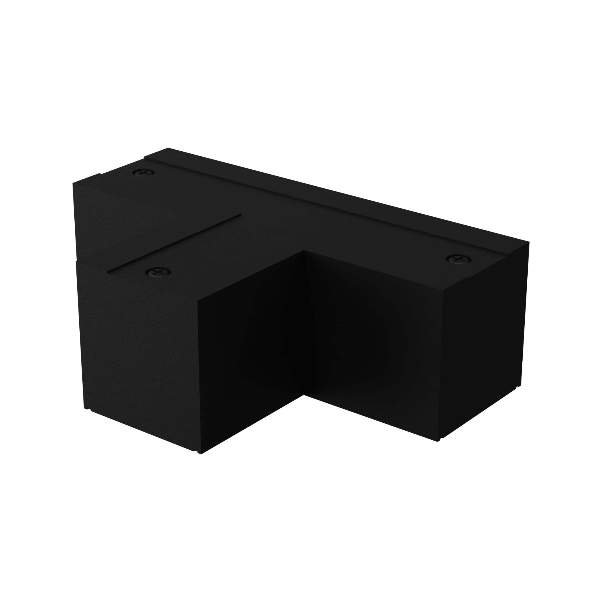 Złącze zasilające kątowe typu T do szyny 3F w kolorze czarnym, wykonane z matowego materiału. Produkt ma prostokątny kształt z widocznymi otworami na śruby. Ujęcie z boku, ukazujące detale konstrukcyjne.