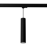 Lagos lampa wisząca w kolorze czarnym, o cylindrycznym kształcie, zawieszona na cienkim przewodzie. Wyposażona w żarówkę GU10 7W/3000K, montowana na szynie 3F, prezentująca nowoczesny design. Tło białe, co podkreśla minimalizm lampy.