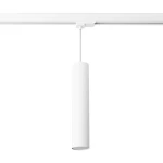 Lagos lampa wisząca w kolorze białym, cylindryczny kształt, zawieszona na cienkim przewodzie. Przeznaczona do szyny 3F, z zamontowaną żarówką GU10 o mocy 7W i temperaturze barwowej 3000K. Prosta, nowoczesna forma, umieszczona na białym tle.